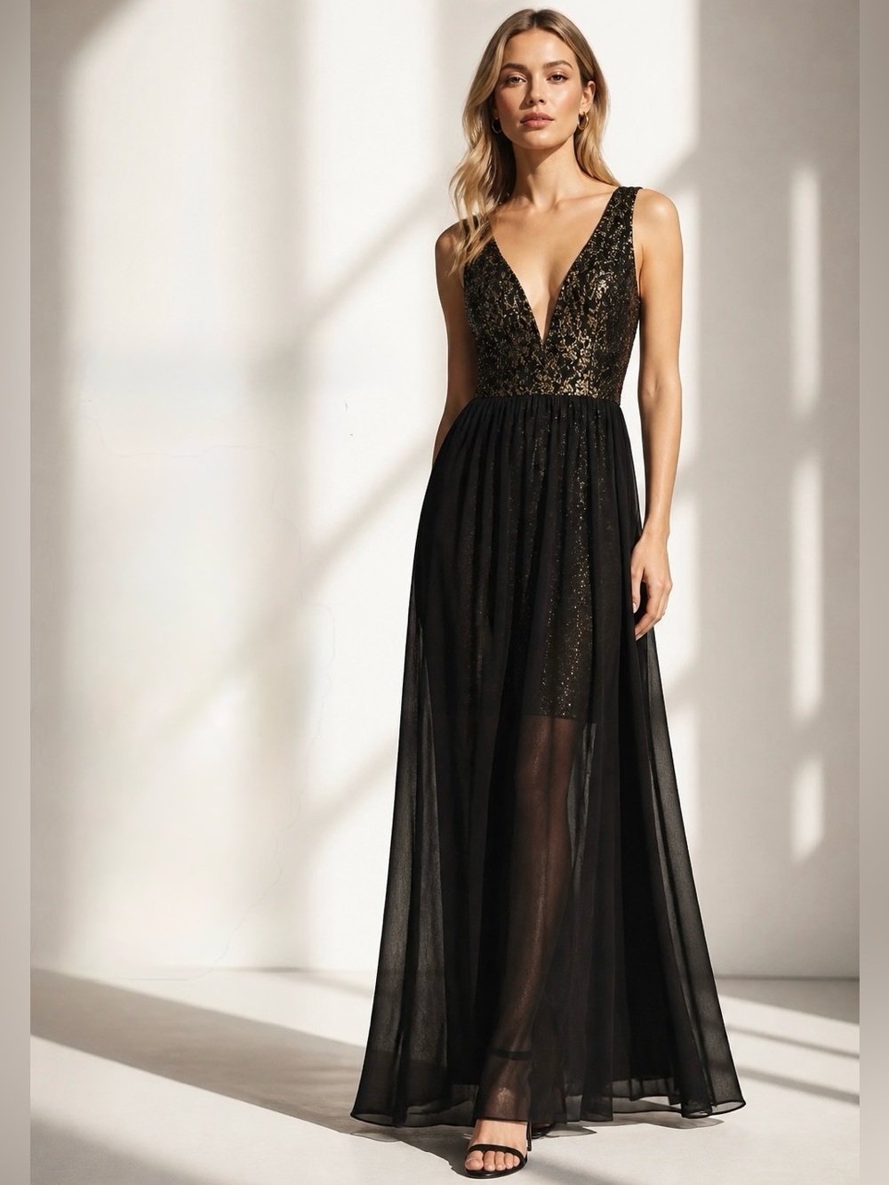 RENN Vintage Black & Metallic Gold Stretch Maxi Party Dress Sheer Overlay Size S
